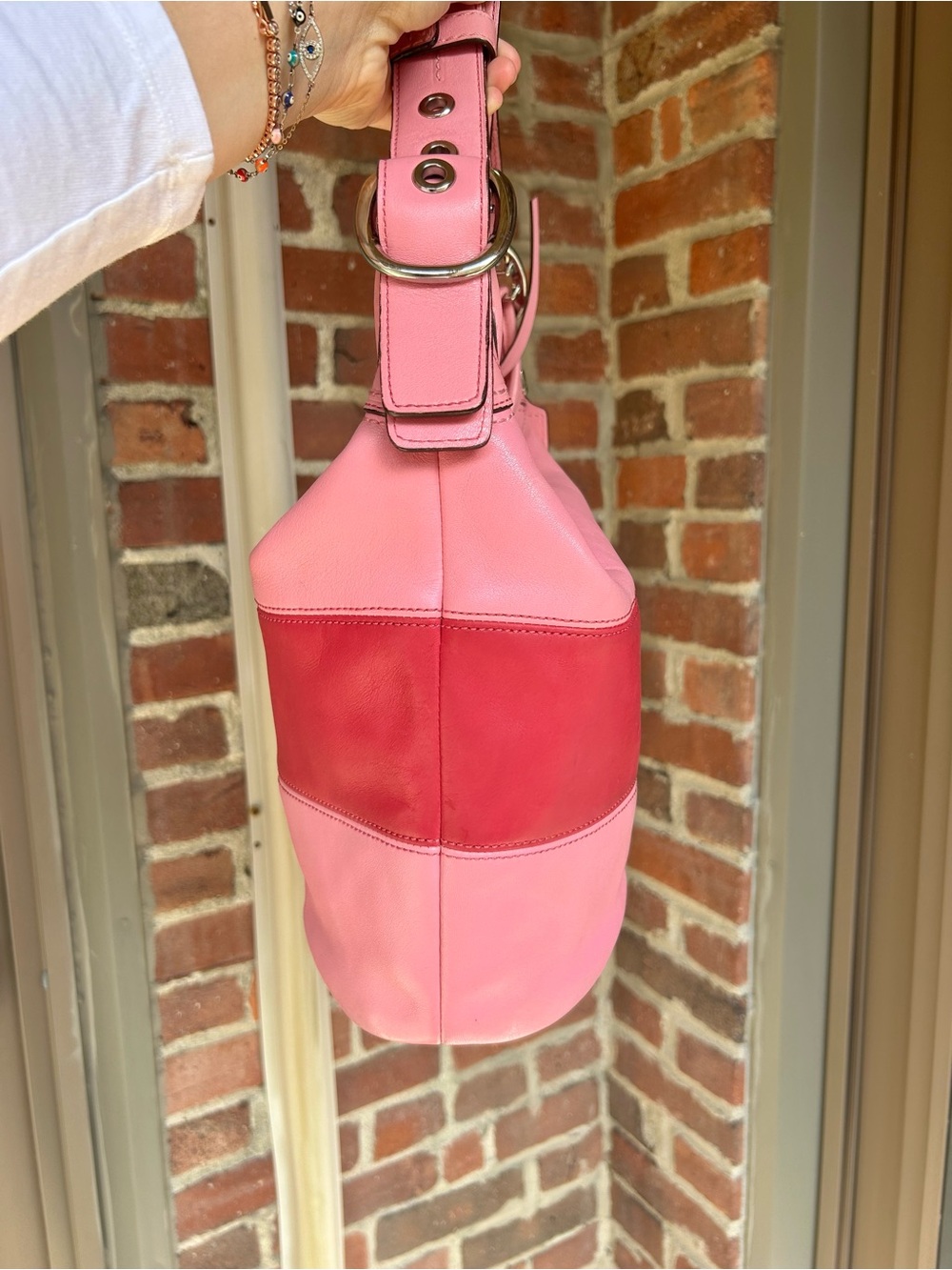 Vintage coach rugby duffel sac style F13357 pink striped leather y2k retro purse - Picture 2 of 14